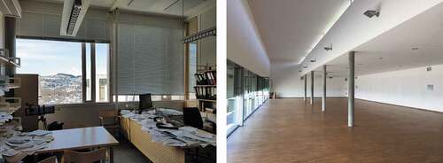 Fig. 1. Real environments that served as basis to the modeled spaces shown in VR. To the left: NTNU space (small room), to the right: EPFL space (large room)