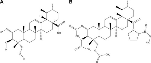 Figure 1 Chemical structure of AA and AA-PMe. (A) 2α,3β,23-Trihydroxyurs-12-ene-28-oic acid, AA; C30H48O5, MW 488.70 g/mol; (B) N-(2 α,3β,23-acetoxyurs-12-en-28-oyl)-L-proline methyl ester, AA-PMe; C42H63NO9, MW 725.95 g/mol.