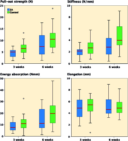 Figure 4. Clustered boxplots of data from mechanical testing of the tendon–bone interface. Except for elongation, all variables increased with time. There was a negative effect of ZA treatment in pullout strength and stiffness, but no significant differences in energy or elongation.