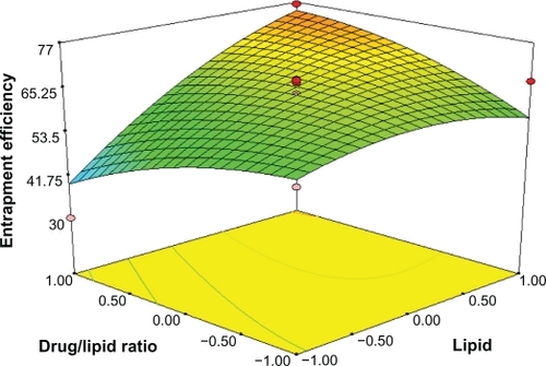 Figure 2 Response surface plot showing effect of the amount of lipid (X1) and drug/lipid ratio (X3) on entrapment efficiency (Y1).