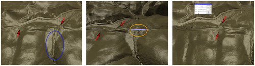 Figure 6. Interactive reconstruction of initial model (right part) before (multiple) fault rupture, starting with the present model to the left and an intermediate model in the middle (from Westerteiger, Citation2014).