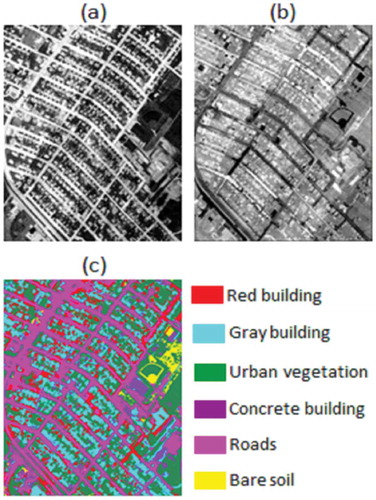 Figure 6. TIR band reduced (a), first MNF band on TIR (b) and final classification map for second step (c).