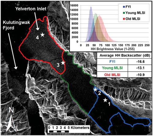 FIGURE 4. RADARSAT-2 image (wide beam mode, 5 March 2009, 20:17 UTC) showing ice type areas determined from ice thicknesses, ice core properties, GPR profiles, relative pixel brightness values (inset graph), and mean σ0 values (inset table). Stars show ice core locations. RADARSAT-2 Data and Products © MacDonald, Dettwiler and Associates Ltd. All Rights Reserved.