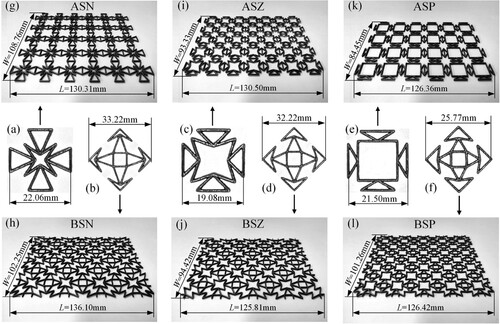 Figure 4. Unit cell and corresponding metamaterials of (a, g) ASN, (b, h) BSN, (c, i) ASZ, (d, j) BSZ, (e, k) ASP and (f, l) BSP. The overall dimensions are marked.