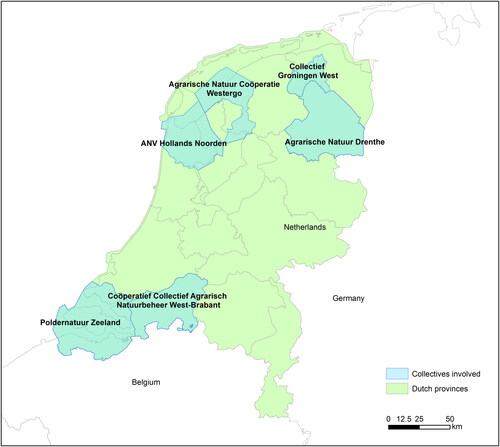 Figure 1. Overview of the participating farmers’ collectives (map by Sigrid Ehlert using ArcGIS 10.8.1, geospatial data by BoerenNatuur [collective areas] and GADM [administrative boundaries]).
