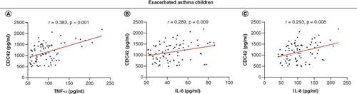 Figure 5. Correlation of CDC42 with inflammatory cytokines in asthmatic children experiencing exacerbation. (A–C) Association of CDC42 with (A) TNF-α, (B) IL-6 and (C) IL-8 in asthmatic children experiencing exacerbation.