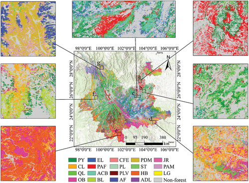 Figure 8. The spatial details of the forest stand species map in Yunnan Province in 2016. Site a (103.279°E, 26.851°N); Site b (103.626°E, 25.910°N); Site c (103.031°E, 25.434°N); Site d (104.568°E, 23.026°N); Site e (101.347°E, 21.946°N); Site f (99.173°E, 25.318°N); Site g (99.688°E, 27.743°N).