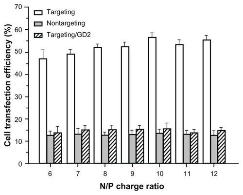 Figure 4 The transfection efficiency in SK-N-SH cells.Notes: The transfection efficiency in SK-N-SH cells at various N/P ratios of PEG-g-PEI-SPION/siRNA (nontargeting), scAbGD2-PEG-g-PEI-SPION/siRNA (targeting) and scAbGD2-PEG-g-PEI-SPION/siRNA with free GD2 antibody (targeting/GD2). There were significant differences between targeting and nontargeting polyplexes.Abbreviations: PEG-g-PEI-SPION, polyethylene glycol-grafted polyethylenimine superparamagnetic iron oxide nanoparticle; siRNA, small interfering ribonucleic acid; N/P, nitrogen-phosphorus.