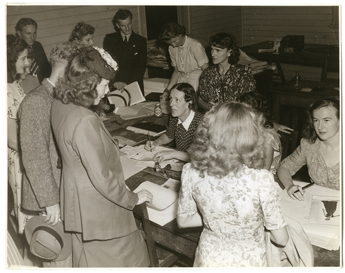 Figure 2. Phyllis Shillito enrolling students at East Sydney Technical College where she was Head of Design, c1940. Photograph National Art School archives.