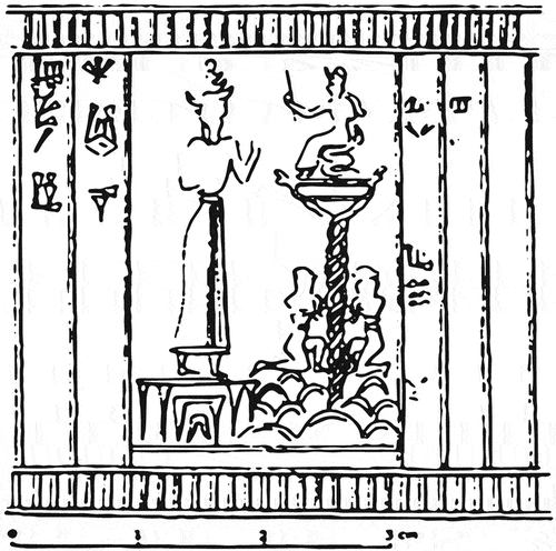 Figure 23. Elamite cylinder seal of the judge Ishme-karab ilu, ca. 1600 BCE. Line drawing after Barnett 1987 (Stephenson Citation2016, 65).