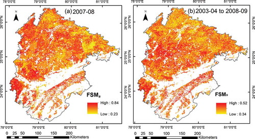 Figure 10. Spatial distribution of time function of soil moisture deficiency, FSMs for the Rabi seasons in Bundelkhand region. (a) Season 2007–2008. (b) Seasons 2003–2004 to 2008–2009.