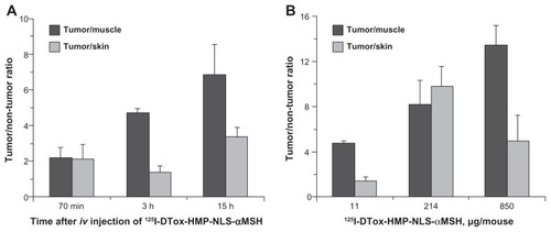 Figure 3 Tumor-to-tissue ratios of 125I after intravenous injection of 125I-labeled DTox-HMP-NLS-αMSH in B16-F1 melanoma-bearing C57 black/6J mice. (A) Effect of time, 11 μg MNT dose. (B) Effect of MNT dose, 3 hours post injection.Note: Bars represent the mean ± SEM (n = 3).Abbreviations: MNT, modular nanotransporter; DTox, translocation domain of diphtheria toxin; HMP, Escherichia coli hemoglobin-like protein; NLS, nuclear localization sequence; SEM, standard error of mean; iv, intravenously.