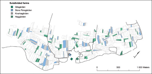 Fig. 2. The map shows the spatial correlation between farm nos 6 and 19 and between nos 7 and 9. Sometime before the records in the cadastre of 1566 the cadastral farms nos 6 and 7 were subdivided, each in two parts. The two farms are noted as half-deserted indicating subdivision. Based on the information in both the 1688 and 1749 maps it is possible to deduce which cadastral farms in the 1749 map that was the result of these subdivisions. This shows that subdivisions in this part of Sweden was done through splitting of each individual plot.