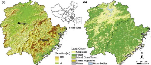 Figure 1. Location of our study area, its spatial distribution of elevation (a) and land use/land cover (b). Full color available online.Notes: DBF, ENF, and EBF represent the deciduous broadleaf forests, evergreen needle-leaf forests, and evergreen broadleaf forests, respectively.