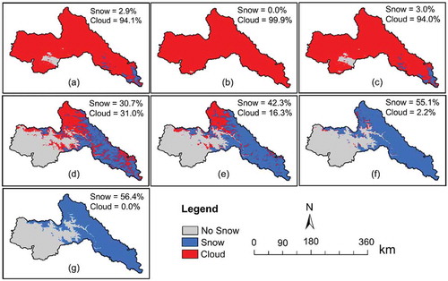 Figure 7. Cloud cover percentage of the randomly selected image and produced daily cloud-free image after implementation of the five steps on 12 March 2012. (a) Terra; (b) Aqua; (c) Combination of Terra and Aqua images; (d) Adjacent temporal combination; (f) Nearest neighborhood; (e) Regional mean snow line; and (g) Multi-day backward replacement