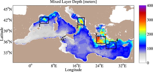 Figure 3.4.1. February monthly climatology of mixed layer depth computed from (product reference 3.4.1, Simoncelli at al. 2014) considering the density criteria Δσ = 0.01 kg/m3 and 10 m reference depth level. Black boxes enclose the areas where deep water formation is known to occur: (1) the Gulf of Lions for the Western Mediterranean Deep Waters (WMDW); (2) the Southern Adriatic Sea Pit for the Eastern Mediterranean Deep Waters (EMDW); (3) the Cretan Sea for the Cretan Intermediate Waters (CIW) and the Cretan Deep Waters (CDW); (4) the Rhodes Gyre for the Levantine Intermediate Waters (LIW) and the Levantine Deep Waters (LDW). The black line in the Sicily Channel (SC) represents the vertical section where annual temperature and salinity time series have been computed and displayed in Figure 3.4.3.