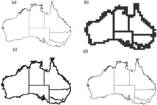 Figure 12. Australian state/territory boundary lines modeled at multiple resolutions using GIS software. (a) Source data for the country of Australia from Natural Earth. (b) Boundary lines at resolution 4. (c) Boundary lines at resolution 5. (d) Boundary lines at resolution 6. (Cylindrical Equal Area projection, ESRI: 54034).