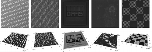 Figure 7 Samples used during experiments, scanned by SEM (upper row) and AFM (lower row): CD surface, DVD surface, FIB-milled pattern, gold nanoclusters, and gold on silicon test pattern (left to right).