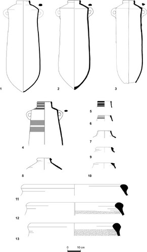 Fig. 17: Main ceramic types of Stratum 11 (continued): 1-3, 5-10) jars; 4) Phoenician Bichrome jar; 11-13) vats (for parallels, see Fig. S10 in Supplementary Material 3)