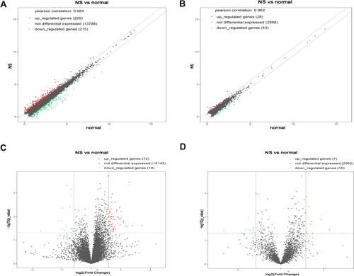 Figure 2 The scatter and volcano plot of differentially expressed mRNAs and lncRNAs. (A and B) Scatter plots indicate the distribution trend of differentially expressed mRNAs (A) and lncRNAs (B) between NS and normal tissues. (C and D) Volcano plots indicate the relationship between the fold change and the corresponding statistical significance of the differentially expressed mRNA (C) and lncRNA (D) across NS and normal tissues.