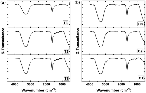Figure 4. FTIR spectra of the hydrogels. (a) TG hydrogels and (b) CMT hydrogels.