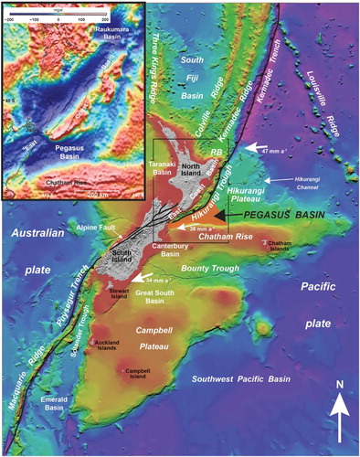 Figure 1 Present-day location and tectonic setting of Pegasus Basin, major bathymetric features and the locations of some other sedimentary basins of Zealandia. The direction and rate of Pacific plate convergence relative to a fixed Australian plate are shown by the large white arrows. Inset: Free-air (offshore) and crustal Bouguer gravity anomalies (onshore), eastern Zealandia. Pegasus Basin is well-defined by a regional gravity low.