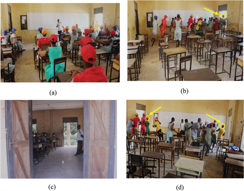 Figure 2. (a) shows a Snapshot of a single-door exit sitting arrangement, (b) single-door exit evacuations, (c) a Snapshot of two doors exit sitting arrangement (d) Two doors exit evacuations. Both doors have the same diameters of 1.6 m.