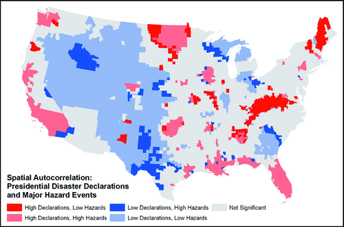 Figure 3 Local spatial association between presidential disaster declarations (PDDs) and major hazard events calculated using a bivariate local Moran's I.