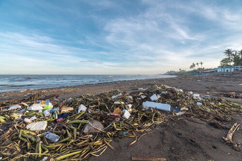 Naic, Cavite, Philippines: An extremely polluted beach littered with plastic garbage and other debris, part of Manila Bay.