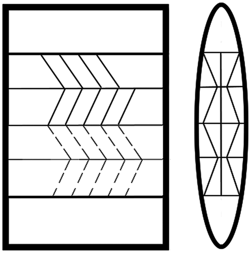 fig 9 A schematic representation (not to scale) of the known structure of the pattern-welded sword, shown using four twisted iron-rods to illustrate the decorative effect and positional relationships between the rods used in forging the sword. A fifth central rod could change the decorative appearance, and it is possible that a core layer was placed in between the outer layers of four twisted rods. Drawing by Rob Collins.