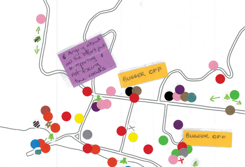 Figure 7. Detailed view of emotions map highlighting areas in Kingston attached to feelings of anger (red), nostalgia (pink) and a sense of belonging (pines).