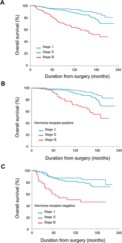 Figure 2 Overall survival according to cancer stage in (A) all, (B) hormone receptor-positive, and (C) hormone receptor-negative patients.