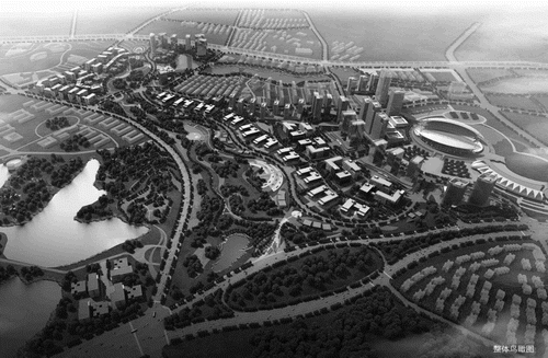 Figure 8. Bird's eye view of the Zijin (Fangshan) urban design project.Source: Nanjing Urban Planning Bureau, 2012.