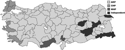 Figure 2b Electoral map for 2007. Source: Compiled and re-illustrated from national elections data and Tuncer (Citation2007).