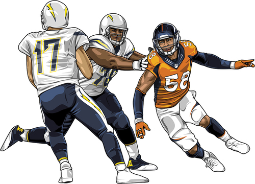 Figure 1. A snapshot illustration of the unfolding movement problem-solution dynamics between a defensive end (DE) and an offensive tackle, while the DE simultaneously detects the information about the emerging movement behaviours of the quarterback.