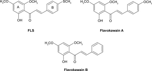 Figure 1 The molecular structures of FLS, flavokawain A and flavokawain B.
