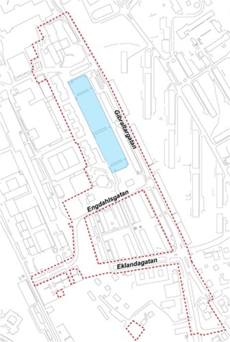 Figure 2. The area Gibraltarvallen where the blue rectangle marks the site where the different alternatives will be installed.