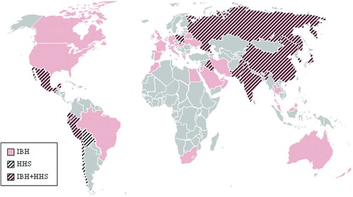 Figure 1. Global distribution map of IBH and HHS according to outbreaks reported in published literature and based on information from the field made available through personal communication, supported by diagnostic investigations. Countries with prevalence of IBH are marked in red, hachures indicate countries from which HHS has been reported.