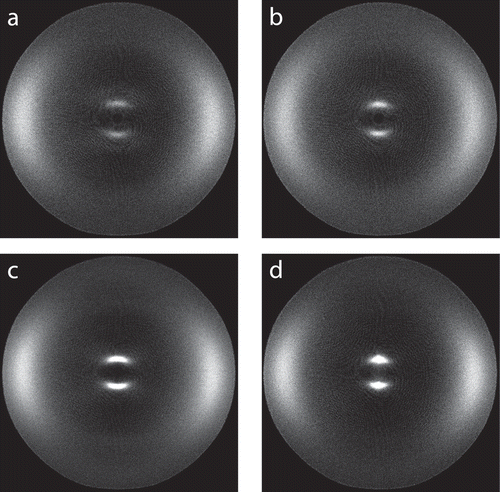 Figure 3. Background-subtracted X-ray scattering patterns obtained from (a) 5CB, (b) 6CB, (c) 7CB, (d) 8CB recorded at the lowest respective reduced temperature used for each sample (listed in the Supporting Information).