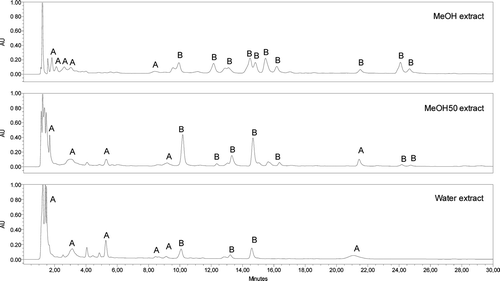 Figure 1.  Chromatograms of the extracts of Chuquiraga spinosa by HPLC-DAD registered at 254 nm. (A) phenolic acid; (B) flavonoid.