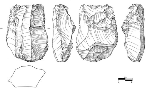 Figure 3. The diagnostic blade core found during the 2011 survey. Drawn by Louise Hilmar, Moesgaard Museum.