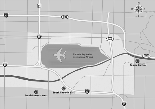 Figure 1. South Phoenix study area showing the SPE, SPW, and TC sampling sites, local roadways, the Phoenix Sky Harbor International Airport, and the area surrounding the airport with predominantly industrial and commercial land uses.