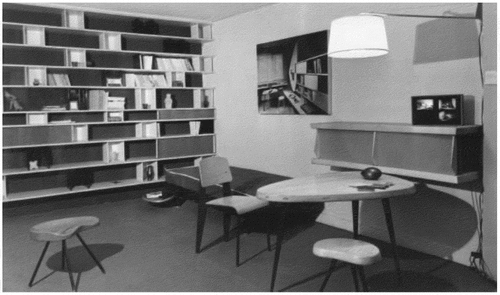 Figure 5. Arrangement of private rooms in the Mexican Pavilion with clouds and desks in 1955 (Barsac Citation2015, 409).