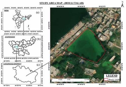 Figure 1. Map of study area (a) India map (b) District map of Jharkhand showing Lohardaga (c) Bouli Talab situated at Lohardaga and (d) Satellite map (Google earth map) of Bouli Talab.