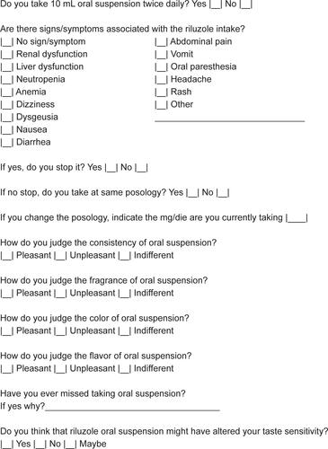 Figure S1 Questionnaire on clinical and pharmacological features related to ALS and comorbidities.Abbreviations: ALS, amyotrophic lateral sclerosis; ALSFRS-r, ALS Functional Rating Scale – revised; MMT-m, Manual Muscle Testing – medium; NSAIDs, nonsteroidal anti-inflammatory drugs.