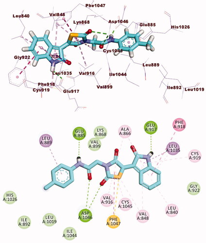 Figure 7. 3D and 2D binding mode of 12a with the active site of VEGFR-2.