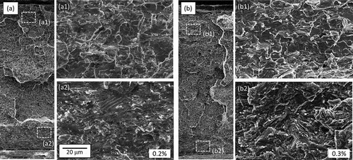 Figure 11. SEM fractographs of the samples subjected to HCRT for 21 days; (a) KY93 and (b) KYM3. Percentages in the lower right of each image indicate the circumferential permanent strain to failure