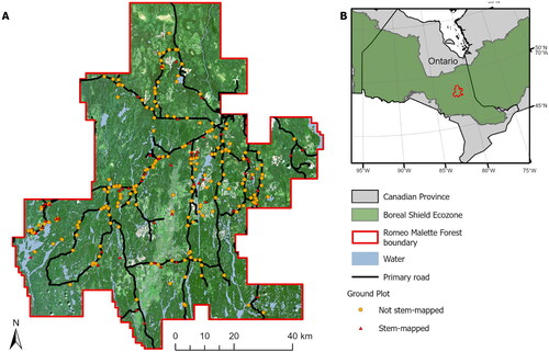 Figure 1. Map of the study area (A) and location within the province of Ontario and the Canadian boreal shield ecozone (B).