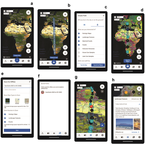 Figure 3. Mobile-first user experience design of Flyover Country (adapted from Loeffler et al. Citation2021). Flyover Country (http://flyovercountry.io/) is a free, mobile-first mobile mapping application that visualizes public data resources about the Earth’s geology and history as users observe the landscape from an airplane window seat, during a road trip, or while on a field trip. A: The default map view upon opening Flyover Country, emphasizing its global coverage. B: Users can request data along a path by directly tapping on the map, and while this is a novel interaction, there is no visual affordance for the post-WIMP interaction; users also can create a path by tapping the floating action button (FAB) at the bottom, supporting interaction flexibility for the post-WIMP, mobile-first interaction strategy. C: Tapping the FAB activates a screen allowing users to switch between driving and flying mode and select desired layers on the map. D: Loading a route renders available records within the selected drive or flight path, using a dark basemap and light UI to preserve battery life and overall energy consumption. E: Users can save selected paths for offline use, with Flyover Country providing an affordance about estimated download sizes to give users a sense of the potential costs of the data download. F: Previously saved paths also are available for viewing offline, and can be deleted to free storage space. G: Users can activate an oblique, egocentric view while driving or flying to improve recognition of landscape features. H: Selecting a point on the map activates a bottom pull-up menu with information about the selected record.