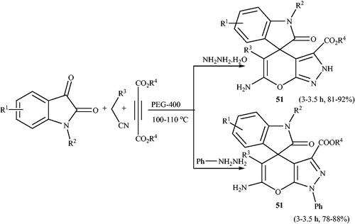 Scheme 75. Utilization of PEG-400 for the synthesis of spiro[indoline-3,4'-pyrano[2,3-c]pyrazole]-3'-carboxylates.